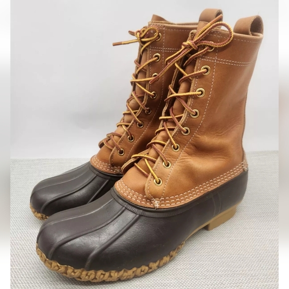 LL Bean duck boots size 7 M hunting waterproof rain rubber leather brown tan - Picture 2 of 15